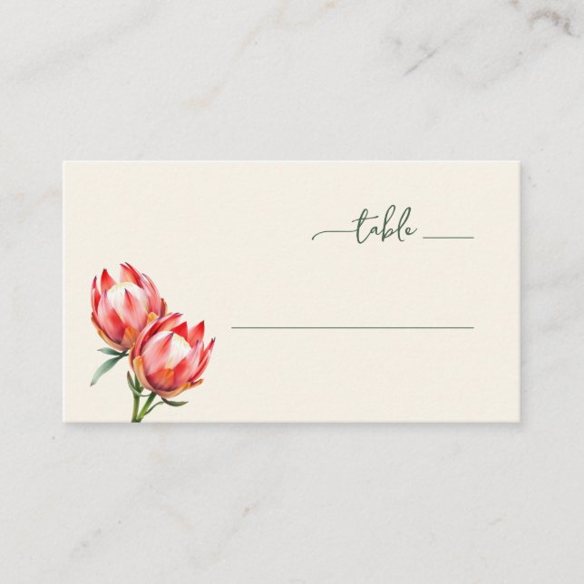 Tranquil Red Protea Floral Illustration Place Card (Front)