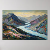 Tranquil River, Mountain Hues Illustration Retro 