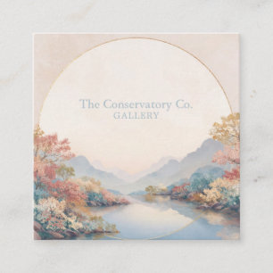 Tranquil River Mountain Round Gold Frame Square Business Card