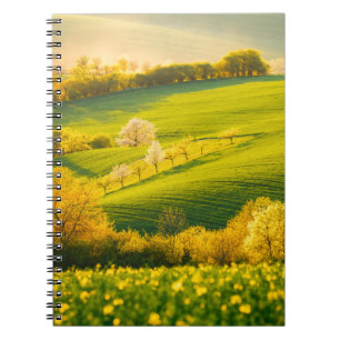 Tranquil rural landscape in sunbeams. Beautiful su Notebook