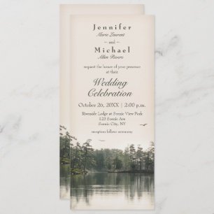 tranquil rustic lake evergreens reflection slender invitation