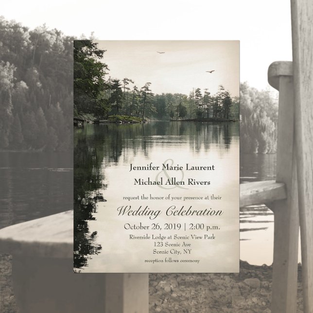 tranquil rustic lake evergreens reflection wedding invitation (Creator Uploaded)