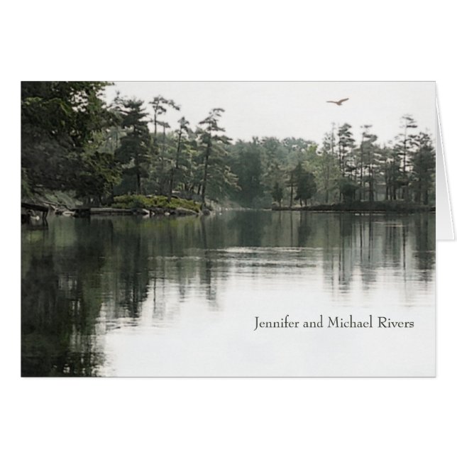 Tranquil rustic lake evergreens wedding thank you (Front Horizontal)