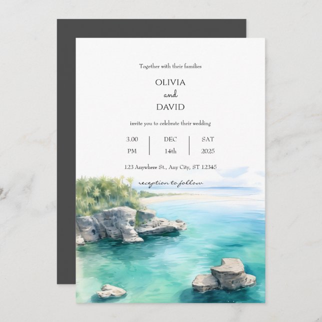 Tranquil Seaside Coastal Teal Water Lagoon Wedding Invitation (Front/Back)