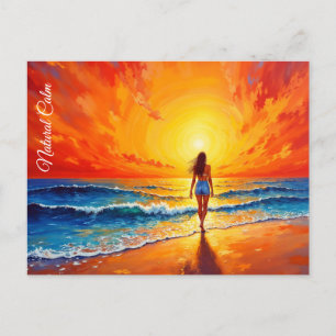 Tranquil shore walk sunset ocean bright art postcard