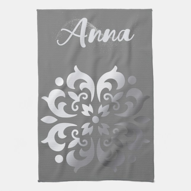 Tranquil Silver & Gray Monogram | Tea Towel (Vertical)