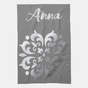 Tranquil Silver & Grey Monogram   Tea Towel