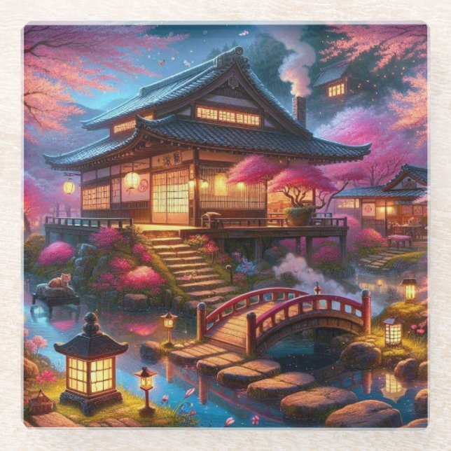 Tranquil Spring Evening in a Japanese Garden Glass Coaster (Front)