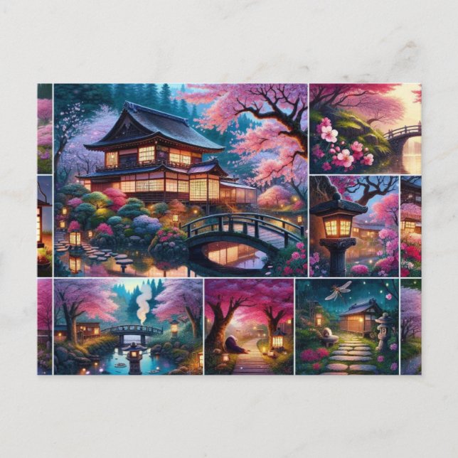 Tranquil Spring Evening in a Japanese Garden Postcard (Front)