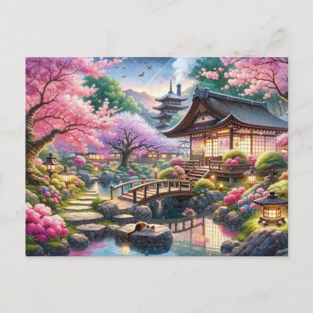 Tranquil Spring Evening in a Japanese Garden Postcard (Front)
