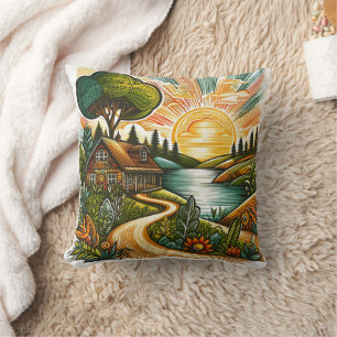 Tranquil sunrise over a countryside retreat cushion