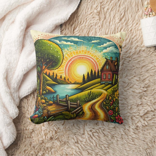 Tranquil sunset over a serene countryside home cushion (Blanket)