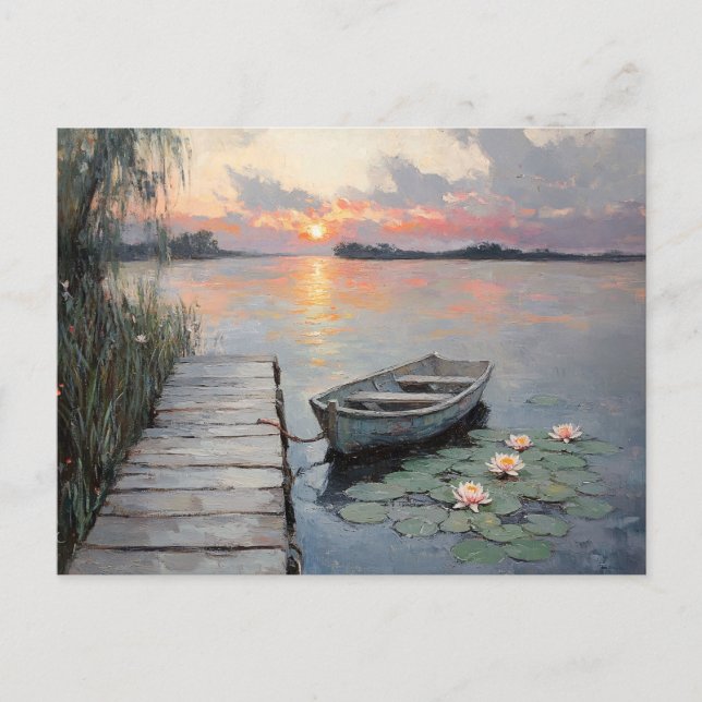 Tranquil Sunset Over Rowboat on a Lake Postcard (Front)