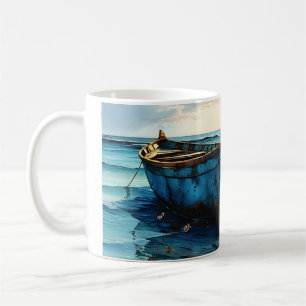"Tranquil Tides". Colourful Relaxed Boat Seascape Coffee Mug