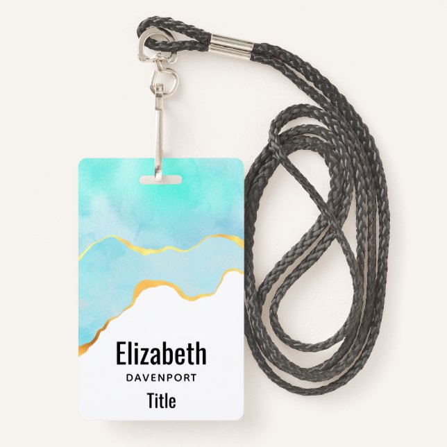 Tranquil Tropical Green Blue with Gold Border ID Badge (Front with Lanyard)