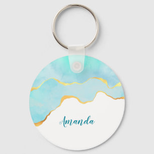 Tranquil Tropical Green Blue with Gold Border Key Ring