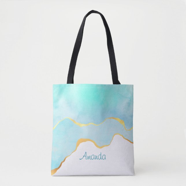 Tranquil Tropical Green Blue with Gold Border Tote Bag (Front)