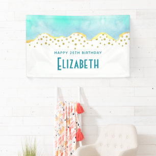 Tranquil Tropical Green with Gold Border Birthday Banner
