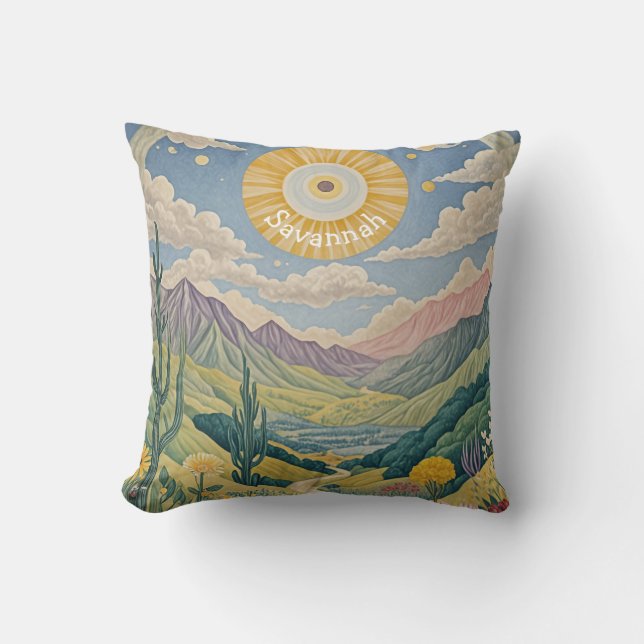 Tranquil Valley: Pastel Landscape Cushion (Front)