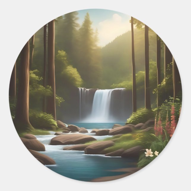 Tranquil Waterfall A Peaceful Retreat Classic Round Sticker (Front)