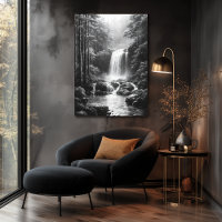 Tranquil Waterfall in Forest - Charcoal Art
