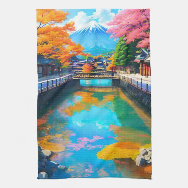 Tranquil Waters: Mt. Fuji's Reflection Tea Towel (Vertical)