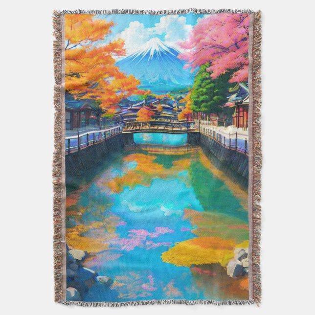 Tranquil Waters: Mt. Fuji's Reflection Throw Blanket (Front Vertical)