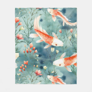 Tranquil Waters: Watercolor Koi Fish Pattern Fleece Blanket