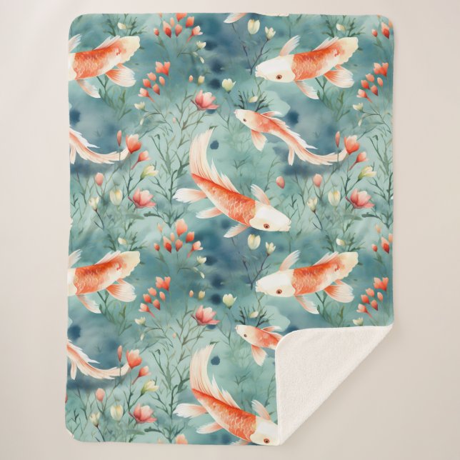Tranquil Waters: Watercolor Koi Fish Pattern Sherpa Blanket (Front)