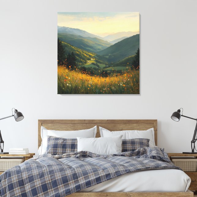 Tranquil Wilderness – Scenic Meadow & Mountain Wal Canvas Print (Insitu(Bedroom))