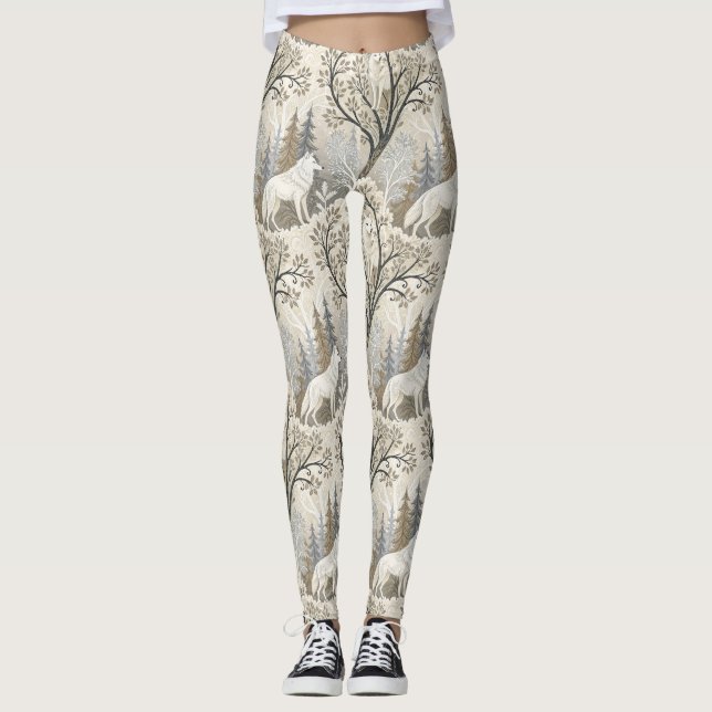 Tranquil Winter Forest Scene with White Wolves Leggings (Front)