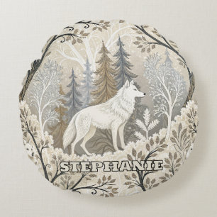 Tranquil Winter Forest Scene with White Wolves Round Cushion