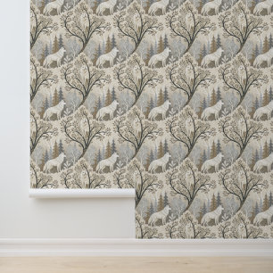 Tranquil Winter Forest Scene with White Wolves Wallpaper