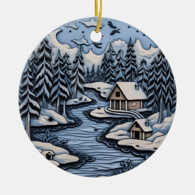 "Tranquil Winter Lake Ornament" Ceramic Tree Decoration (Front)