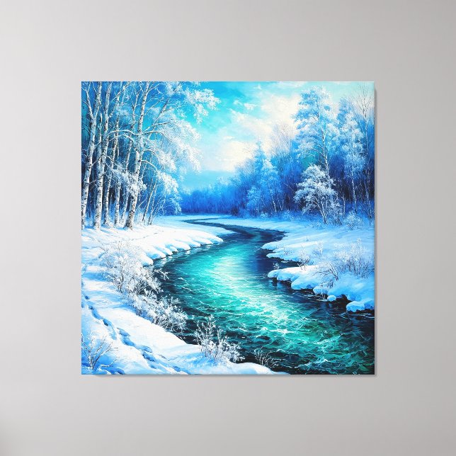 Tranquil Winter Landscape with a Frozen River Canvas Print (Front)