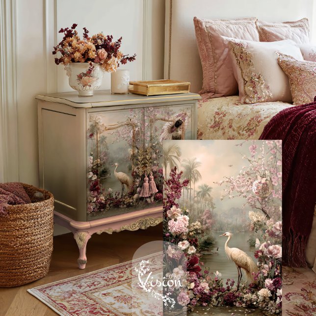 Tranquility Chinoiserie Bird Floral Romance  Tissue Paper (Chinoiserie Tranquillity White Crane Bird Ethereal Floral Decoupage Tissue Paper.)