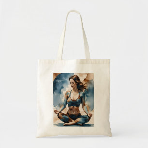 Tranquillity meditating woman in blue and brown tote bag