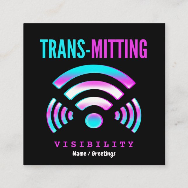 Trans-mitting Visibility Modern Glitch Transgender Square Business Card (Front)