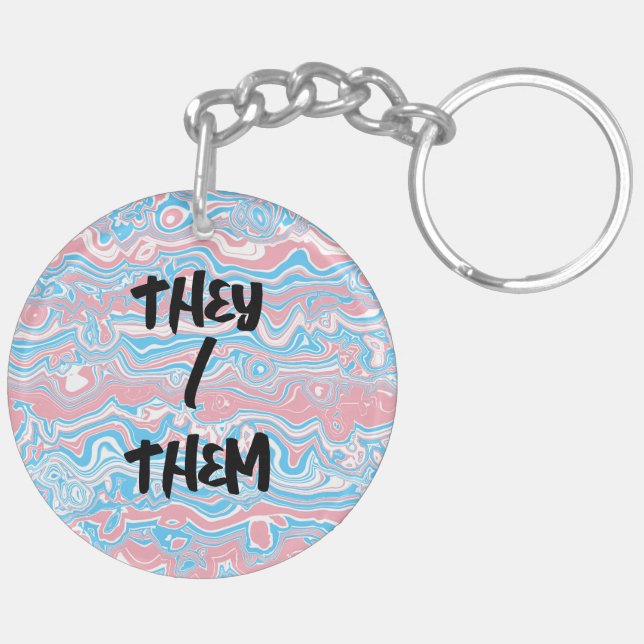 Trans Pride Flag Trippy Boho Groovy Wavy Stripes Key Ring (Back Right)