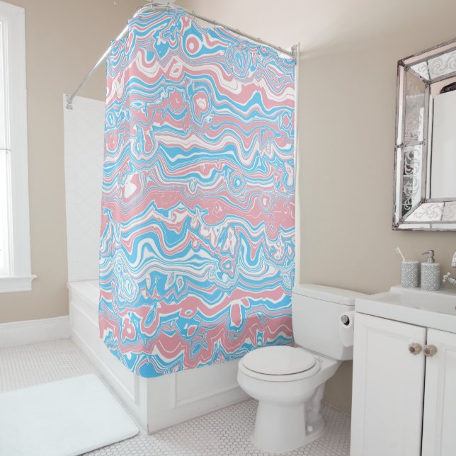 Trans Pride Flag Trippy Boho Groovy Wavy Stripes Shower Curtain (In Situ)