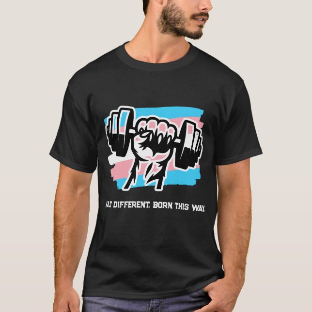 Trans Pride Gym Shirt — Fist Dumbbell 2026 Tee (Front)