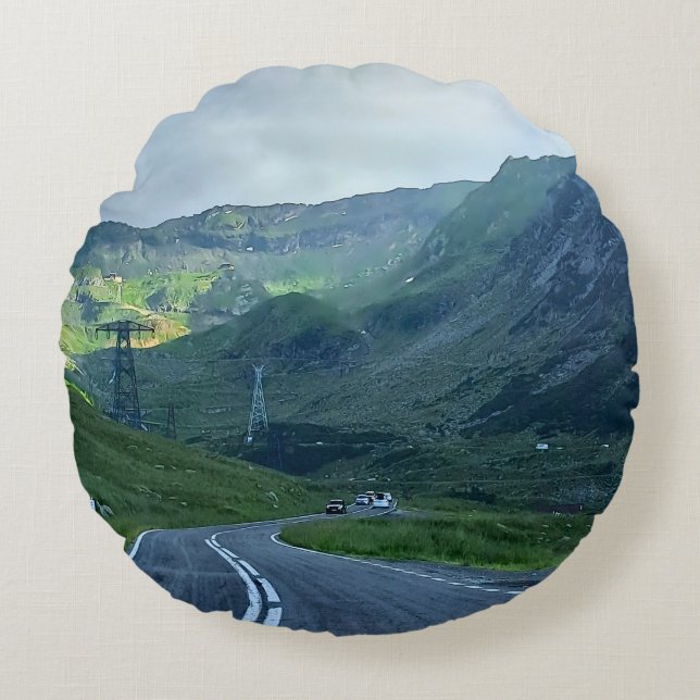 Transfagarasan Road – Carpathian Mountain Print Round Cushion (Front)