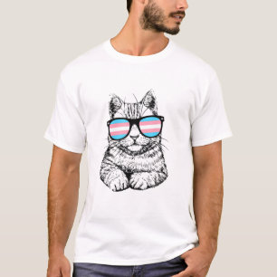 Transgender Cat Wearing Glasses LGBTQ Pride Flag T-Shirt