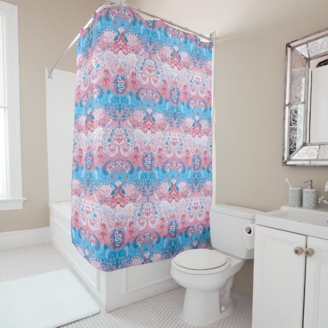 Transgender Dragon Damask - Trans Pride Flag Colou Shower Curtain (In Situ)