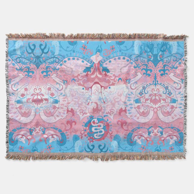 Transgender Dragon Damask - Trans Pride Flag Colou Throw Blanket (Front)