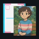 Transgender Flag Anime Person | LGBTQIA   Postcard<br><div class="desc">Cute anime transgender person in a trans sweater sitting outside on a bench. A sweet postcard to say hi and keep in touch with friends or family.</div>