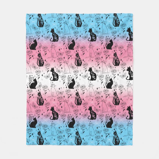Transgender Pride Black Cat - Mystical Witchy Fleece Blanket (Front)