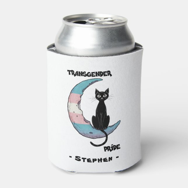 Transgender Pride – Black Cat on Trans Flag Moon Can Cooler (Can Front)