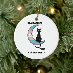 Transgender Pride – Black Cat on Trans Flag Moon Ceramic Tree Decoration
