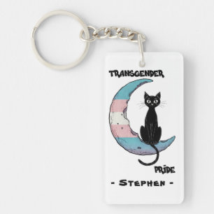 Transgender Pride – Black Cat on Trans Flag Moon Key Ring